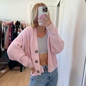 light pink knit cardigan